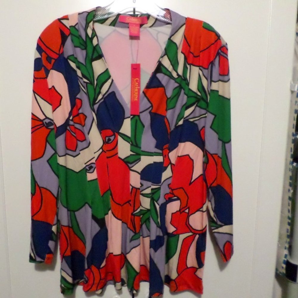 Catherine Malandrino Floral Print Pintuck Pleat Stretch Jersey Top NWT Sz L
